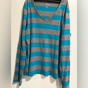 Tommy Hilfiger Blue and Gray Striped Long Sleeve Shirt